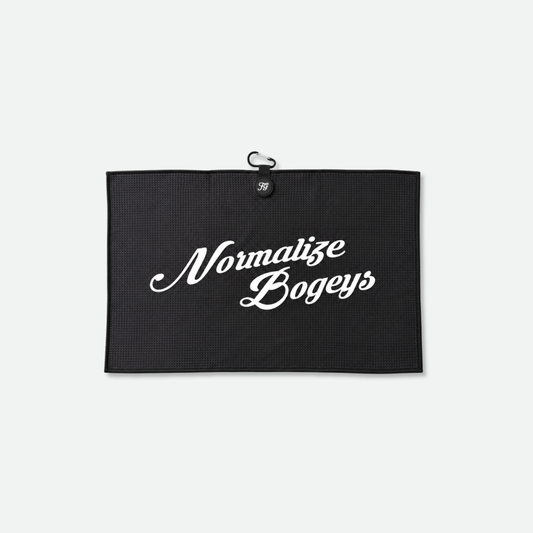 Black Normalize Bogeys funny golf towel with magnetic clip, front view