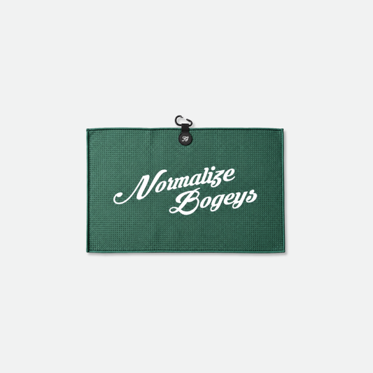 Green Normalize Bogeys funny golf towel with magnetic clip, front view