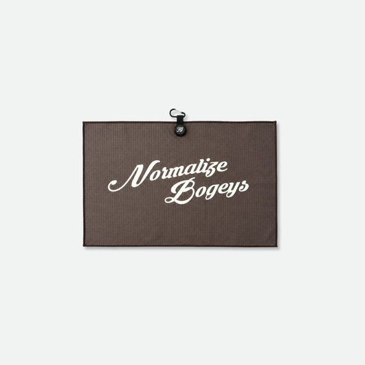 Brown Normalize Bogeys funny golf towel with magnetic clip, front view