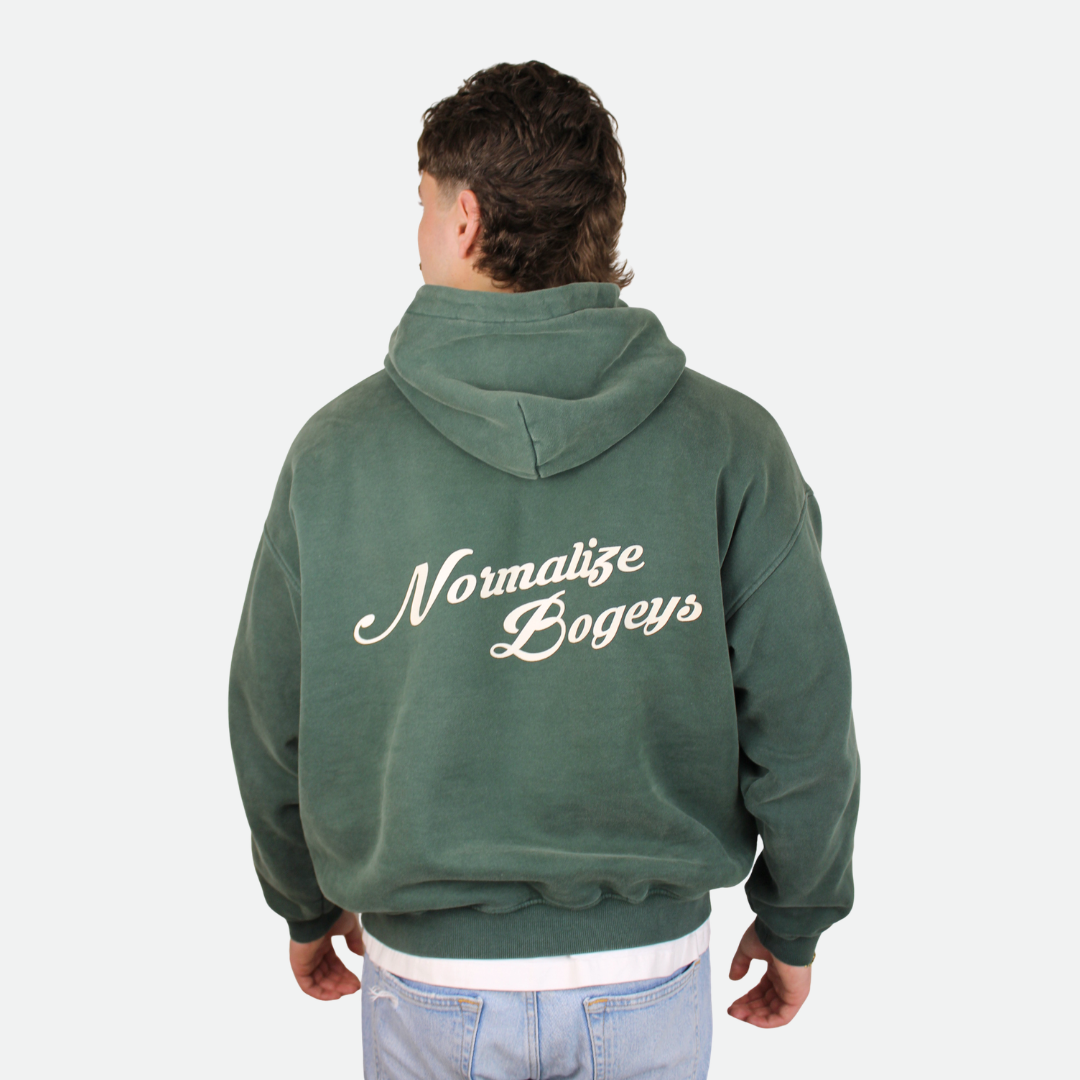 Green hoodie with 'Normalize Bogeys' text on the back 