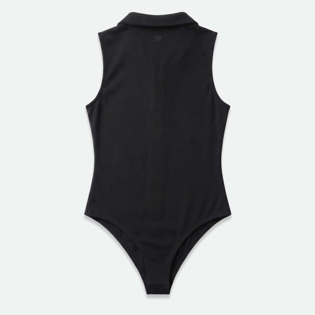 Black sleeveless golf bodysuit with a zipper 
