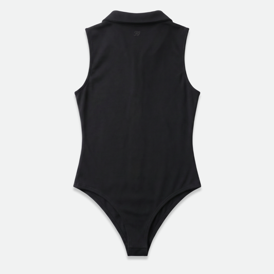 Black sleeveless golf bodysuit with a zipper 