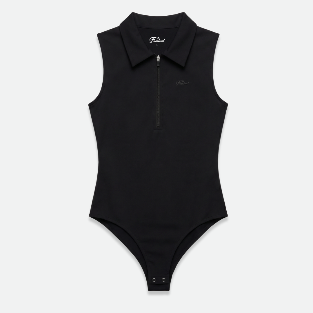 Black sleeveless golf bodysuit with a zipper 