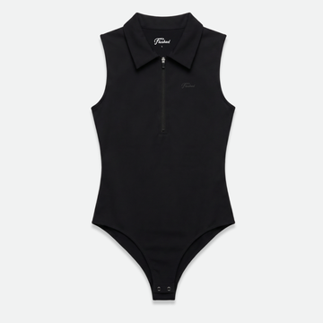 Black sleeveless golf bodysuit with a zipper 