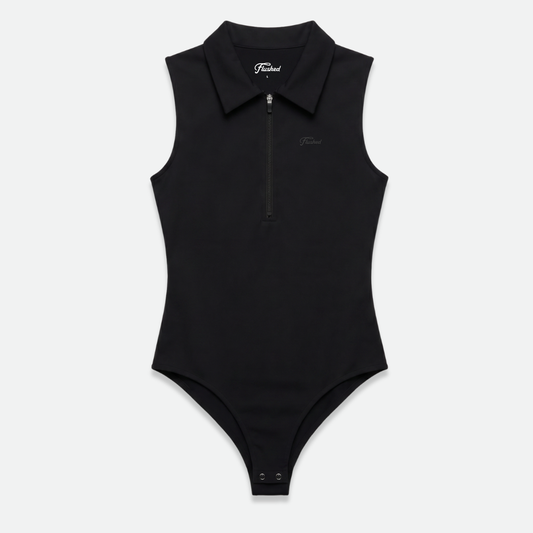 Black sleeveless golf bodysuit with a zipper 