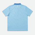 Light blue polo golf shirt with a dark blue collar 