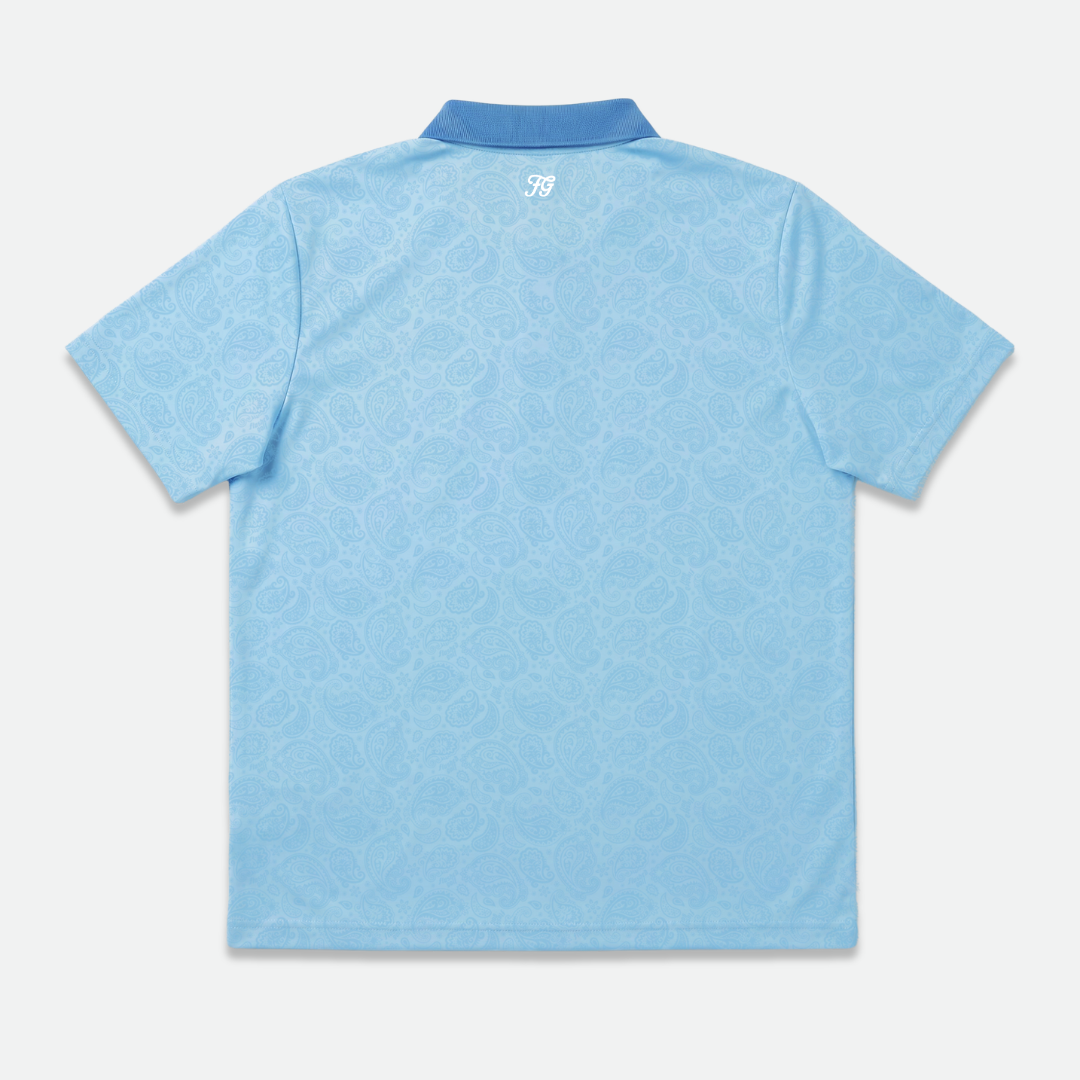 Light blue polo golf shirt with a dark blue collar 