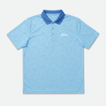 Light blue polo golf shirt with a dark blue collar 