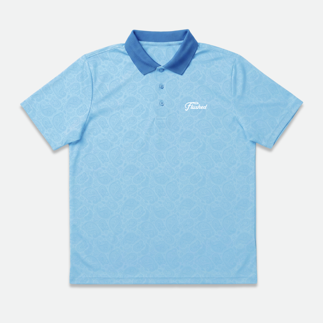 Light blue polo golf shirt with a dark blue collar 