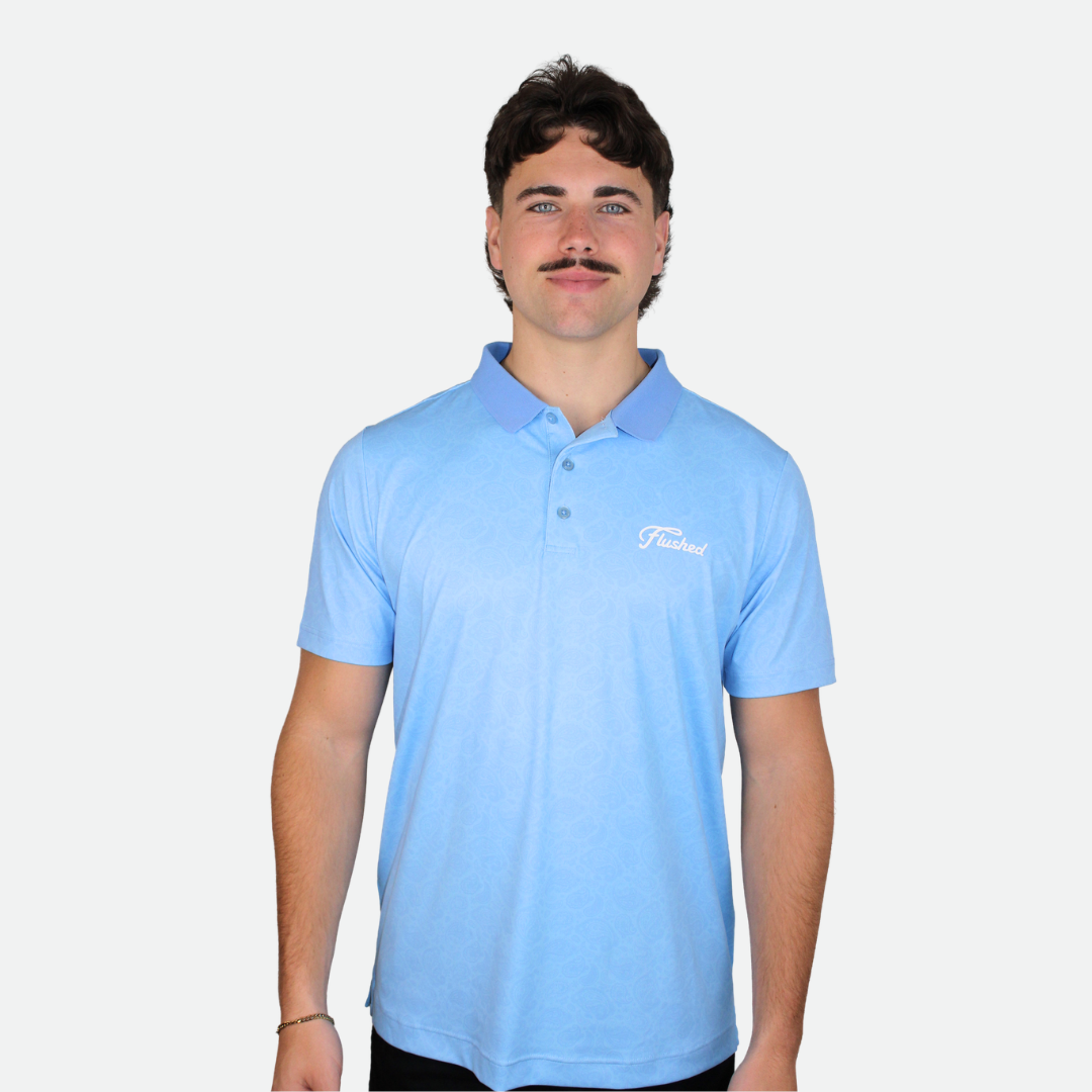 Light blue polo golf shirt with a dark blue collar 