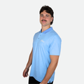 Light blue polo golf shirt with a dark blue collar 