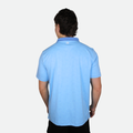 Light blue polo golf shirt with a dark blue collar 
