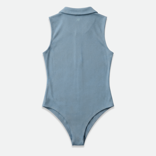 Blue sleeveless golf bodysuit with a zipper 