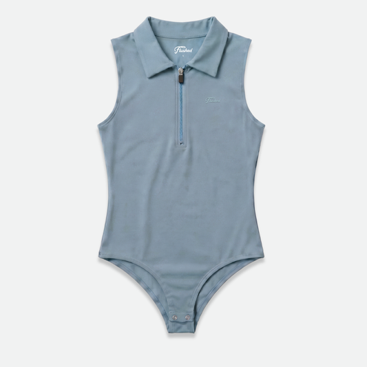 Blue sleeveless golf bodysuit with a zipper 