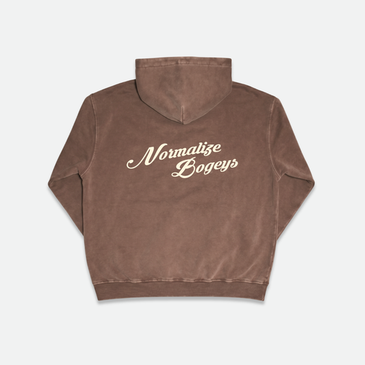 Brown hoodie with 'Normalize Bogeys' text on the back