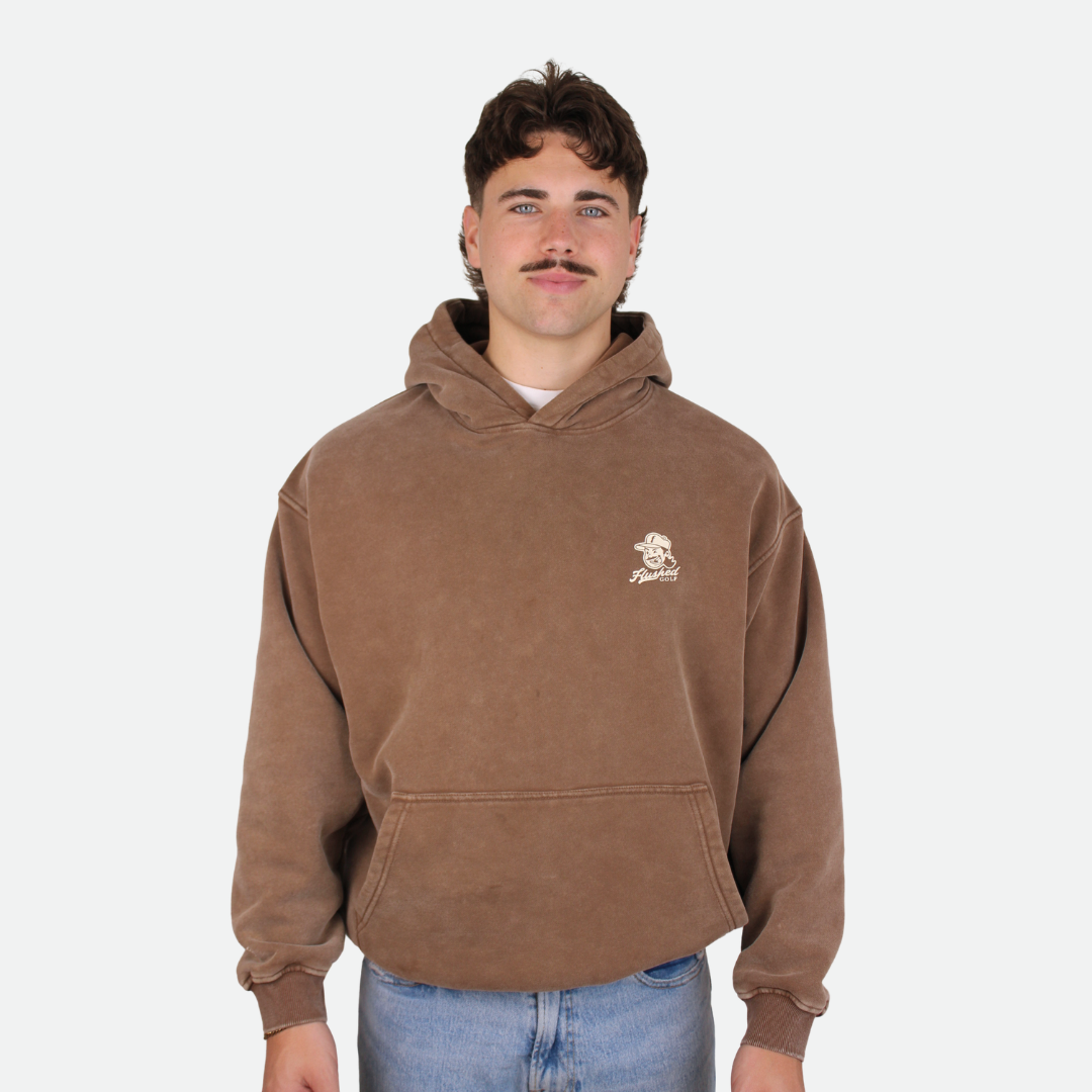 Brown hoodie with 'Normalize Bogeys' text on the back