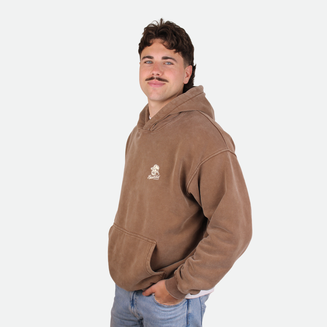 Brown hoodie with 'Normalize Bogeys' text on the back