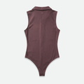 Brown sleeveless golf bodysuit with collar and zipper