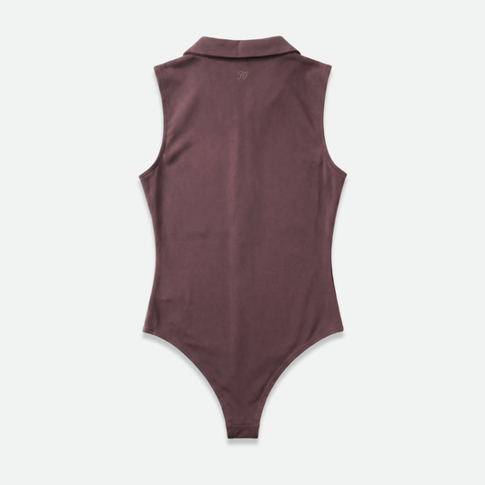 Brown sleeveless golf bodysuit with collar and zipper