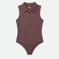 Brown sleeveless golf bodysuit with collar and zipper
