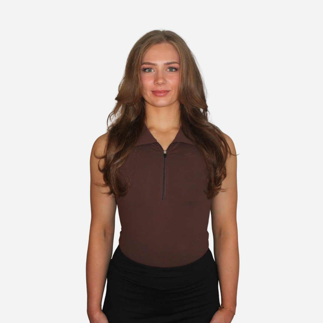 Brown sleeveless golf bodysuit with collar and zipper