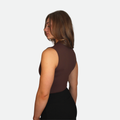 Brown sleeveless golf bodysuit with collar and zipper