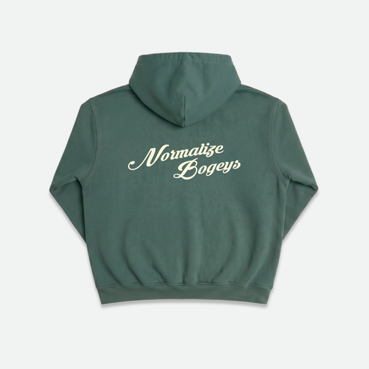 Green hoodie with 'Normalize Bogeys' text on the back 