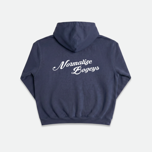 Navy hoodie with 'Normalize Bogeys' text on the back