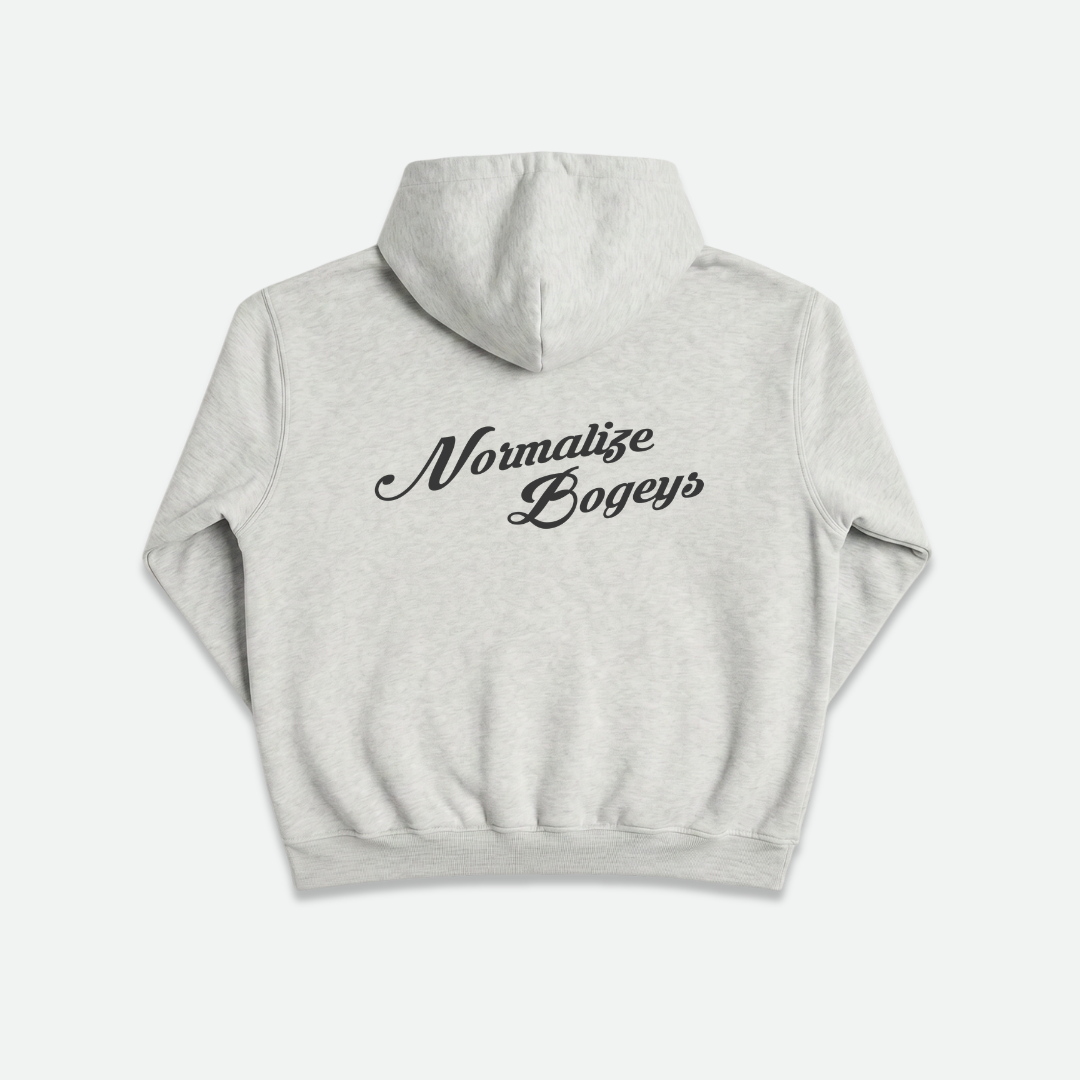 A light heather gray hoodie, featuring the phrase 'Normalize Bogeys' printed in a cursive script across the back.