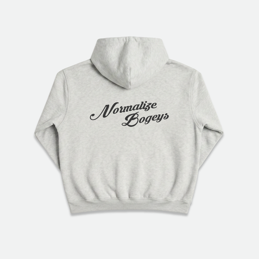 A light heather gray hoodie, featuring the phrase 'Normalize Bogeys' printed in a cursive script across the back.