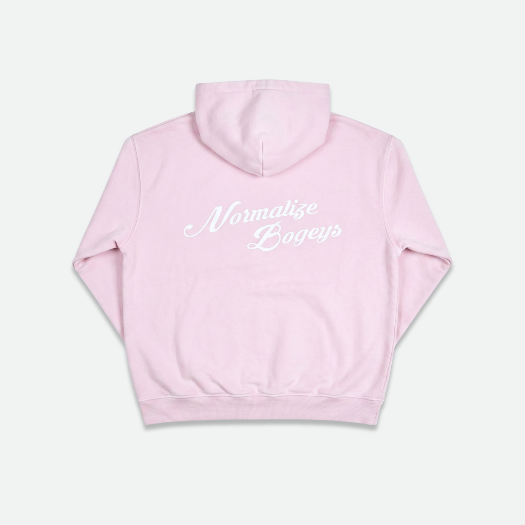 Pink hoodie with 'normalize bogeys' text on the back 