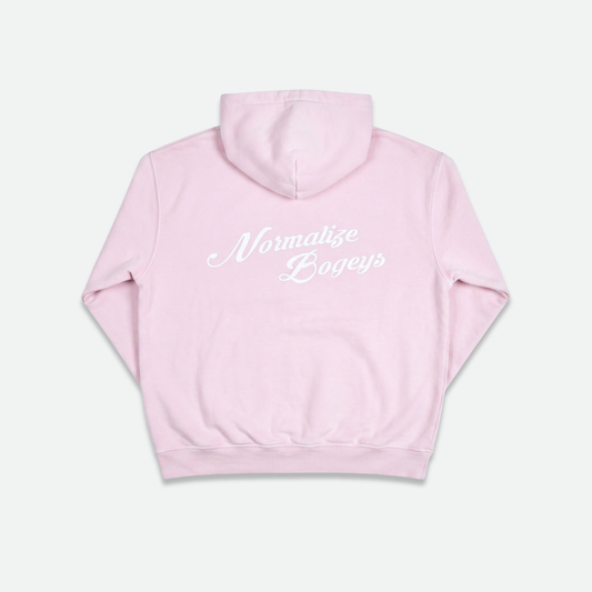 Pink hoodie with 'normalize bogeys' text on the back 