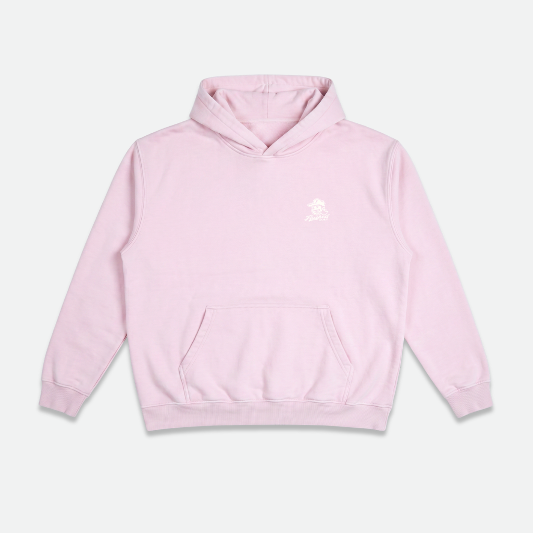 Pink hoodie with 'normalize bogeys' text on the back 