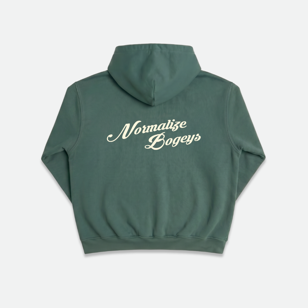 Green hoodie with 'Normalize Bogeys' text on the back 