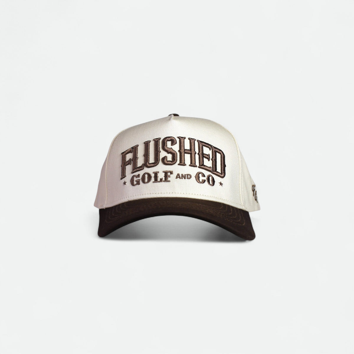 Flushed Golf & Co golf hat with embroidered logo and brown brim, front view