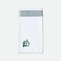 White golf towel with green stripes and a green flushed golf mascot logo on a white background