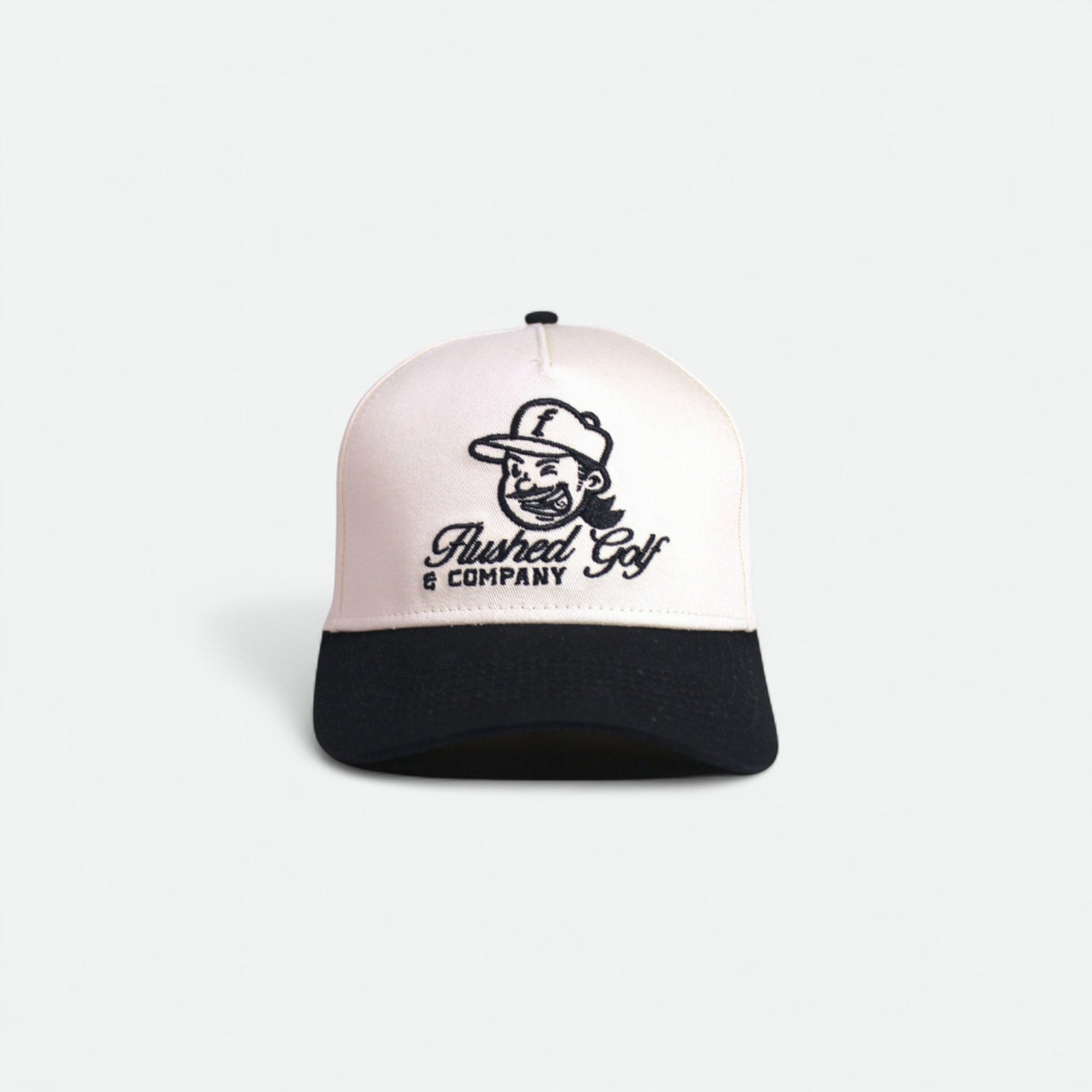 Flushed Golf Classic golf hat with embroidered logo and black brim, front view