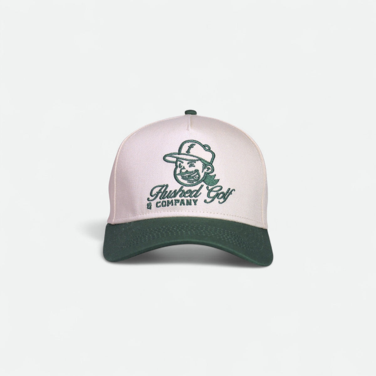 Flushed Golf Classic golf hat with embroidered logo and green brim, front view