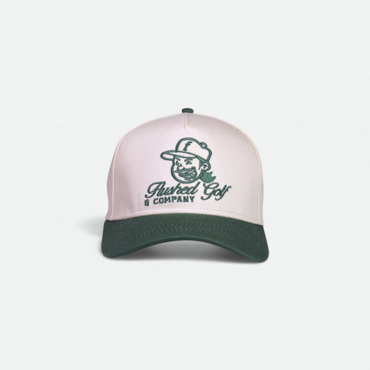 Flushed Golf Classic golf hat with embroidered logo and green brim, front view