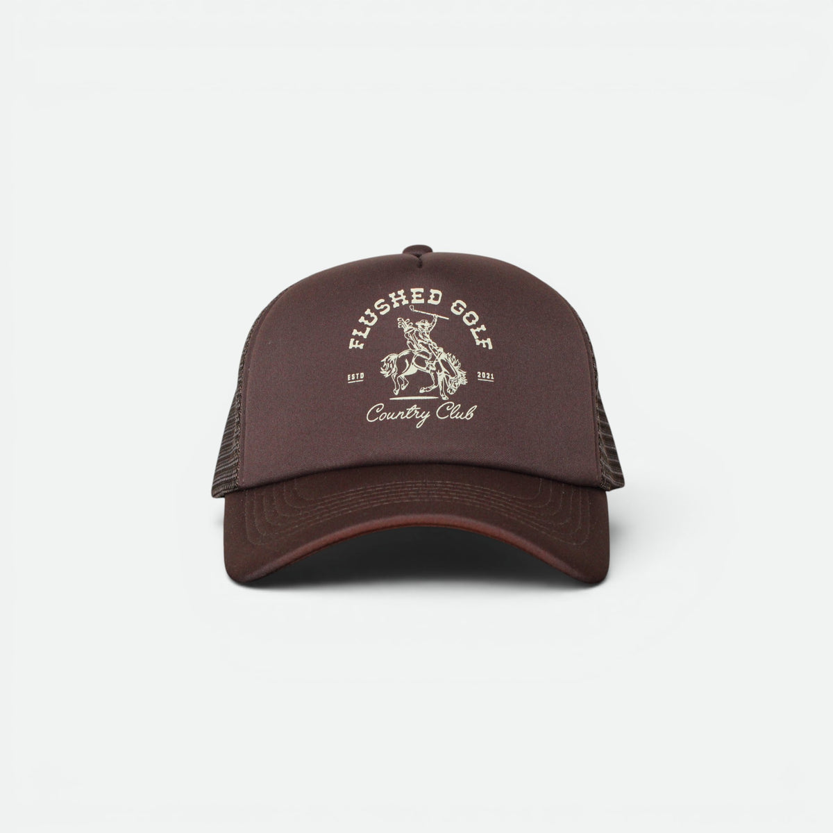 Flushed Golf Country Club foam trucker hat with custom graphic