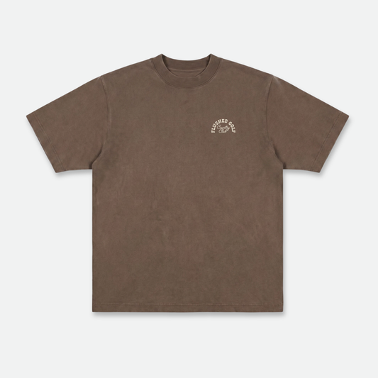 Brown heavyweight cotton country t-shirt with a small logo on a white background