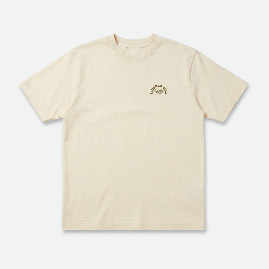 Beige flushed golf country t-shirt with a small logo on a white background