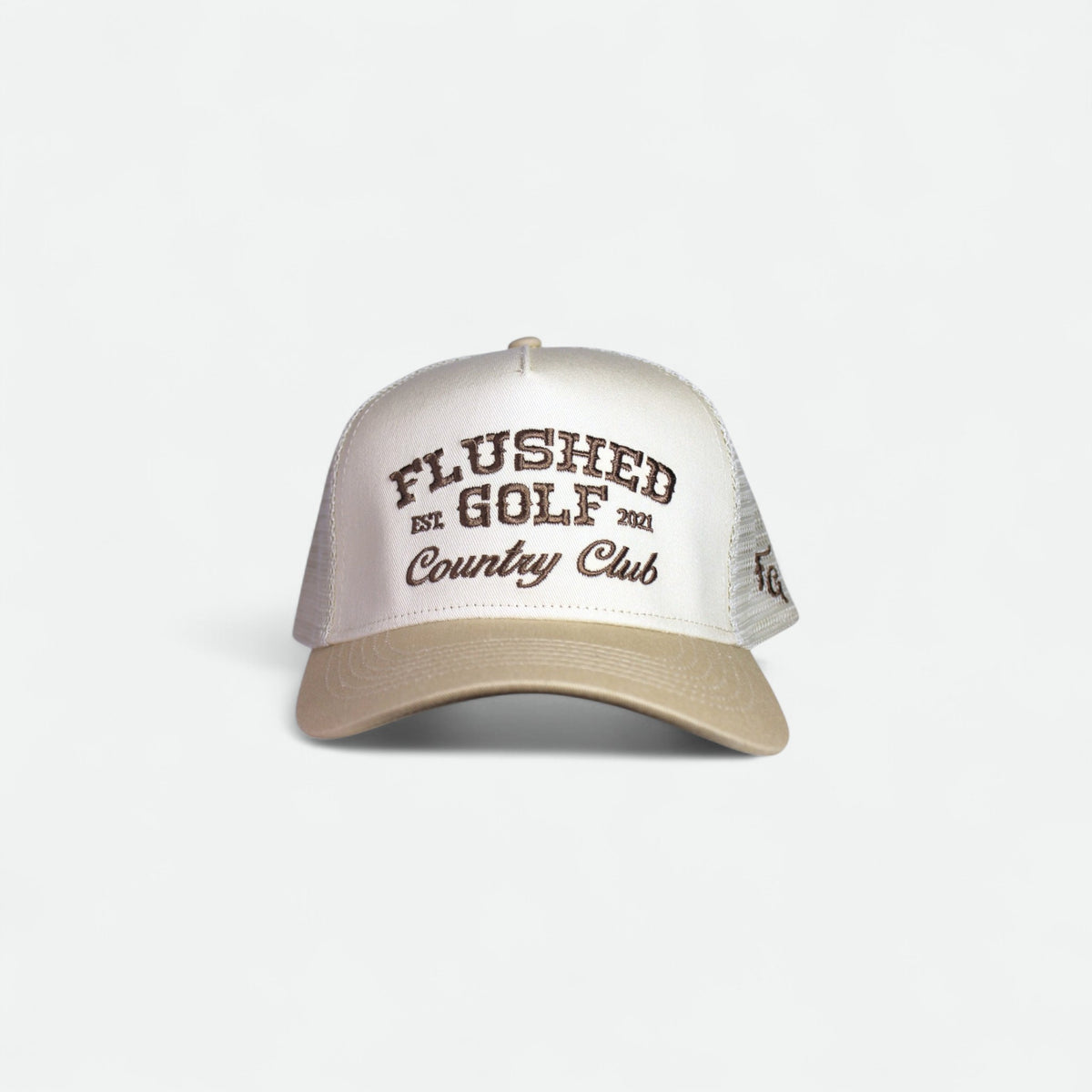 Flushed Golf Country Club trucker hat with custom graphic, front view