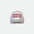 Flushed Golf Country Club trucker hat in red with custom graphic, front view