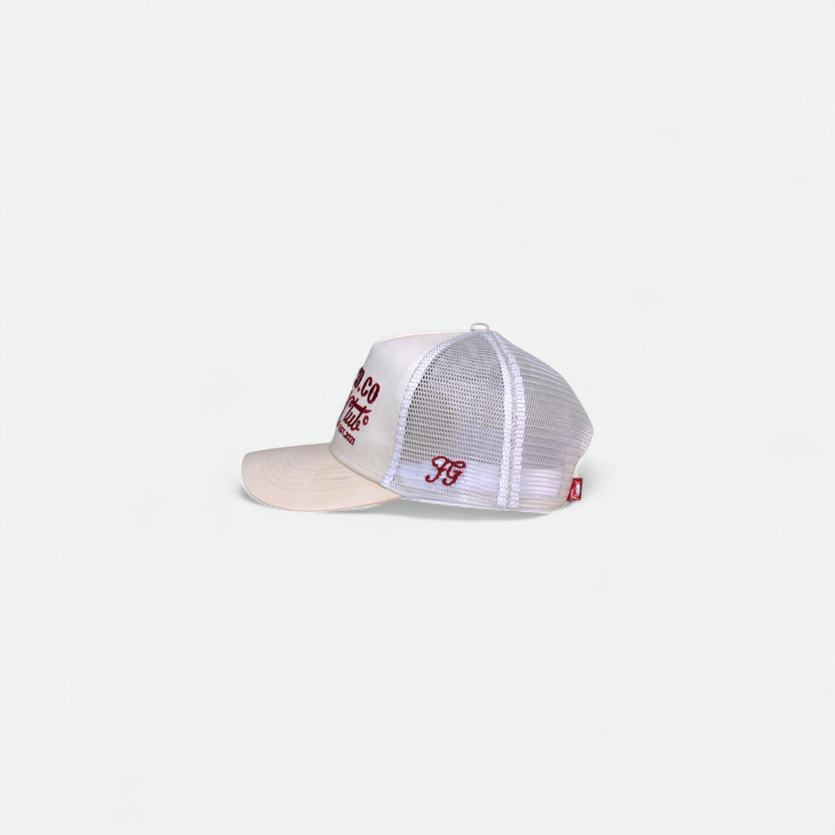Red Country Club cotton and mesh trucker golf hat, side view