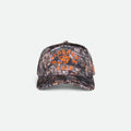 Flushed Golf FG camo golf hat with orange embroidered graphics, front view