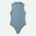 Blue sleeveless collared golf bodysuit polo on a white background
