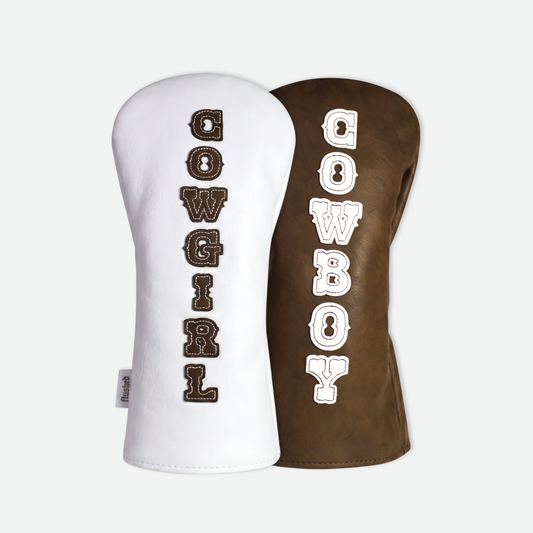 Flushed Golf His & Hers leather driver headcovers with embroidered patch logos