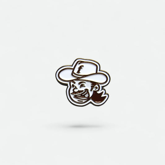 Golf ball marker of flushed golf mascot logo wearing a cowboy hat on a white background