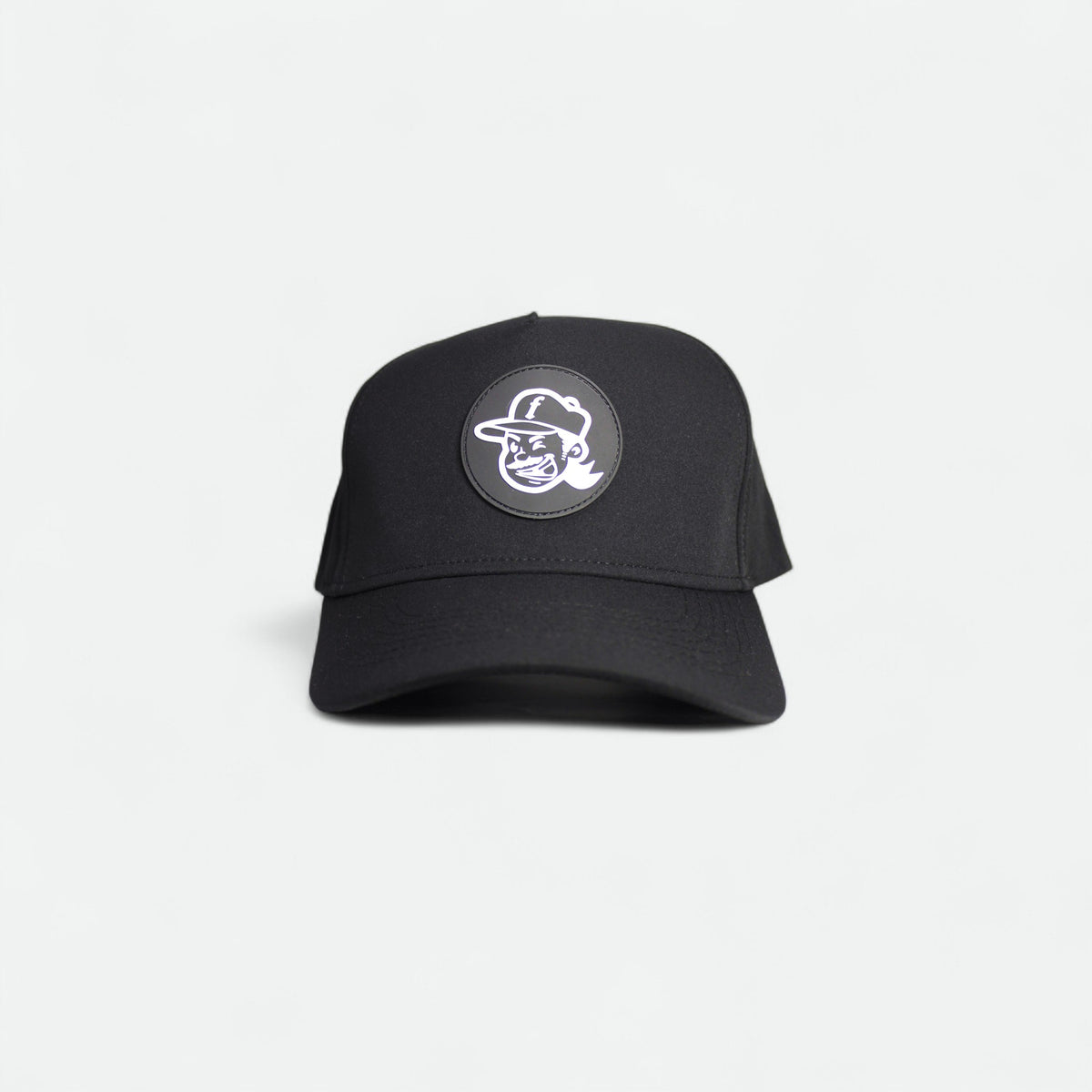 Flushed Golf Mascot golf hat in black with silicone mascot patch, front view